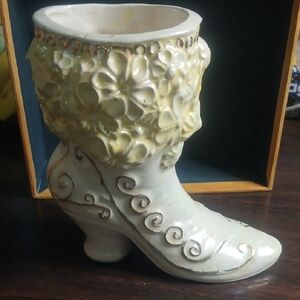 Victorian Floral Ceramic Boot Vase With Beautiful Details